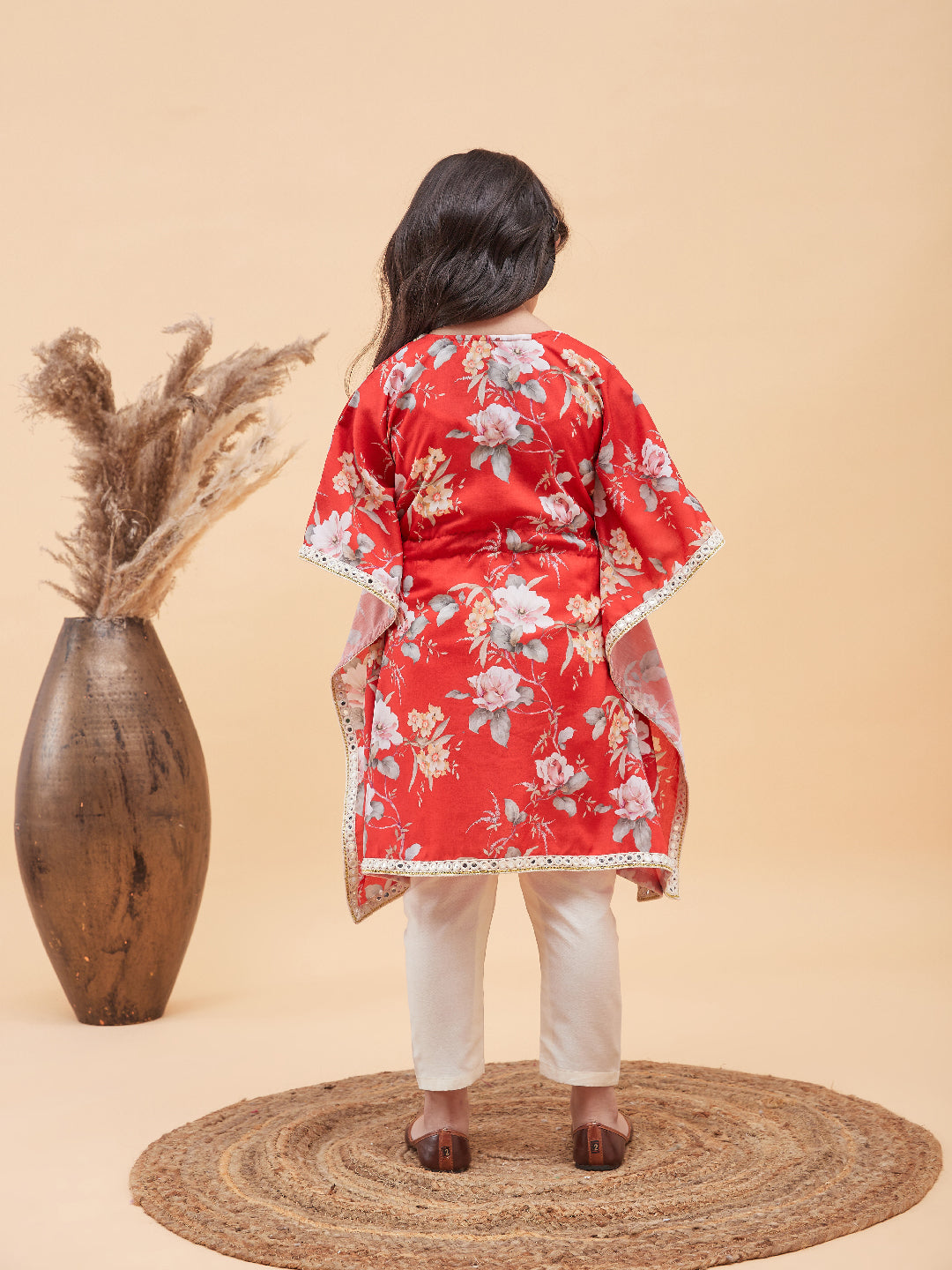 vastramay girls red floral printed kaftan kurta with cream pant set
