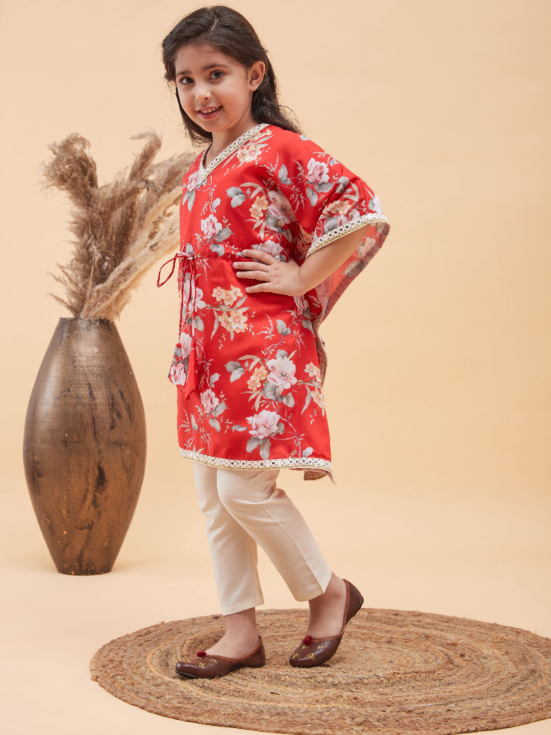vastramay girls red floral printed kaftan kurta with cream pant set