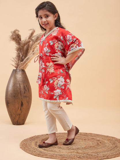 vastramay girls red floral printed kaftan kurta with cream pant set