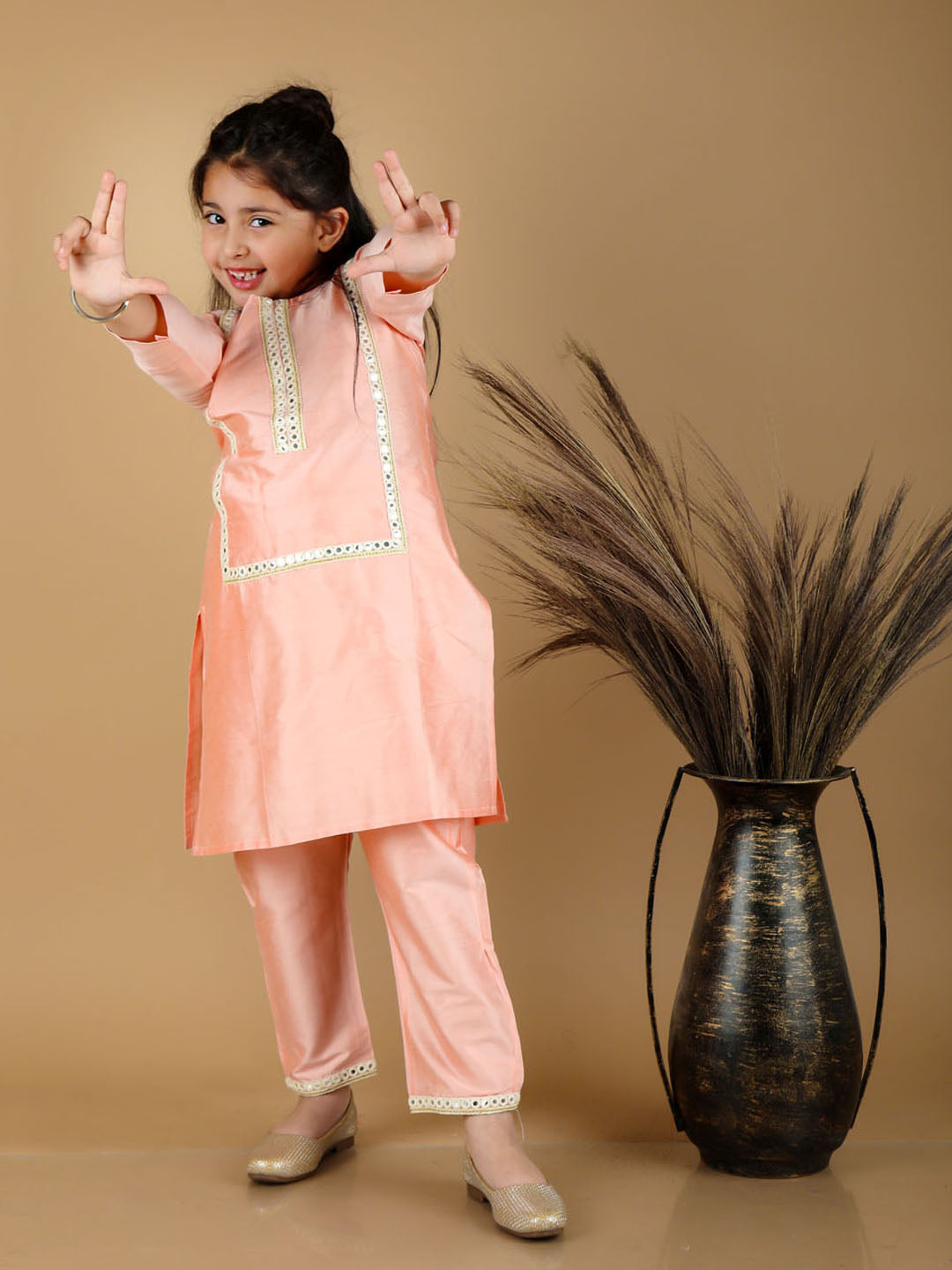 Vastramay Girls' Pink Viscose Kurta Pant Set - PUSHMYCART