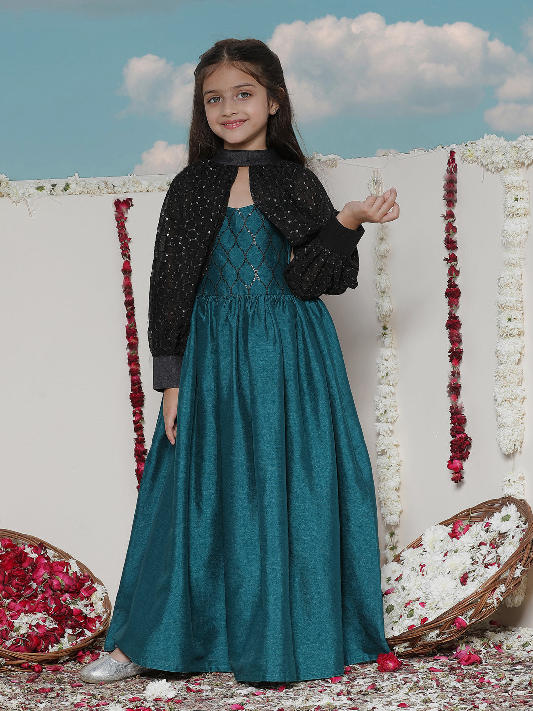 VASTRAMAY Girls' Green Sequinced Long dress With detachable Cuff Sleeves - PUSHMYCART
