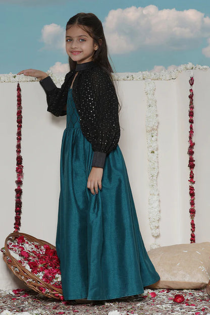VASTRAMAY Girls' Green Sequinced Long dress With detachable Cuff Sleeves - PUSHMYCART