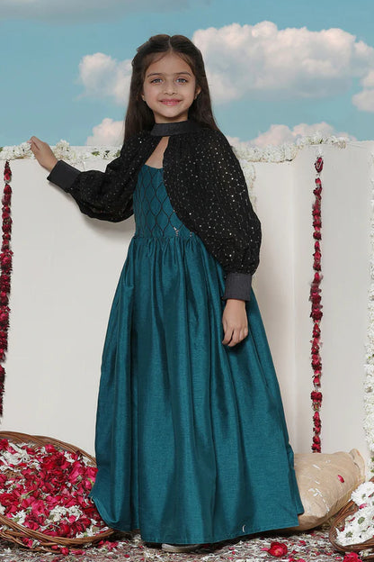VASTRAMAY Girls' Green Sequinced Long dress With detachable Cuff Sleeves - PUSHMYCART