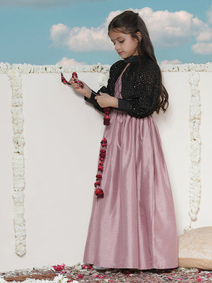VASTRAMAY Girls' Pink Sequinced Long dress With detachable Cuff Sleeves - PUSHMYCART