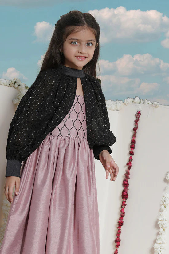 VASTRAMAY Girls' Pink Sequinced Long dress With detachable Cuff Sleeves - PUSHMYCART