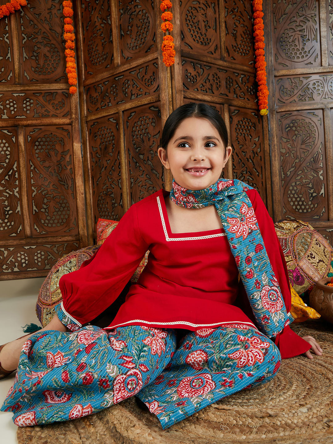 VASTRAMAY Girls Red kurta and Palazzo Pant Dupatta Set - PUSHMYCART