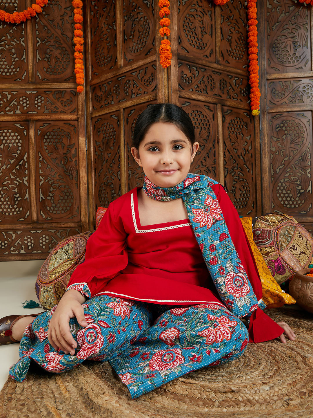 VASTRAMAY Girls Red kurta and Palazzo Pant Dupatta Set - PUSHMYCART