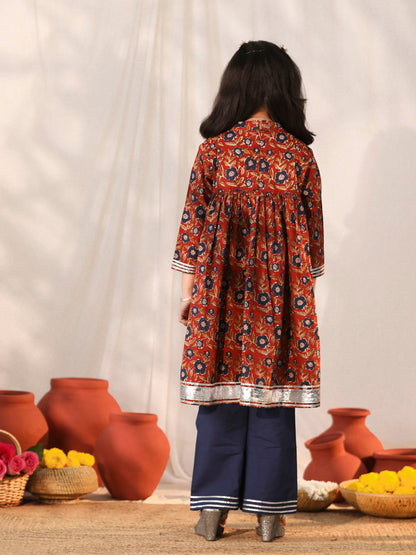 vastramay girls rust and navy blue flared kurta palazzo set