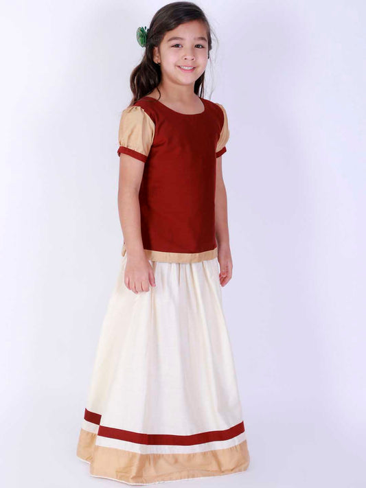 Vastramay Girl's Maroon & White Pavda Pattu Lehenga Choli Set - PUSHMYCART