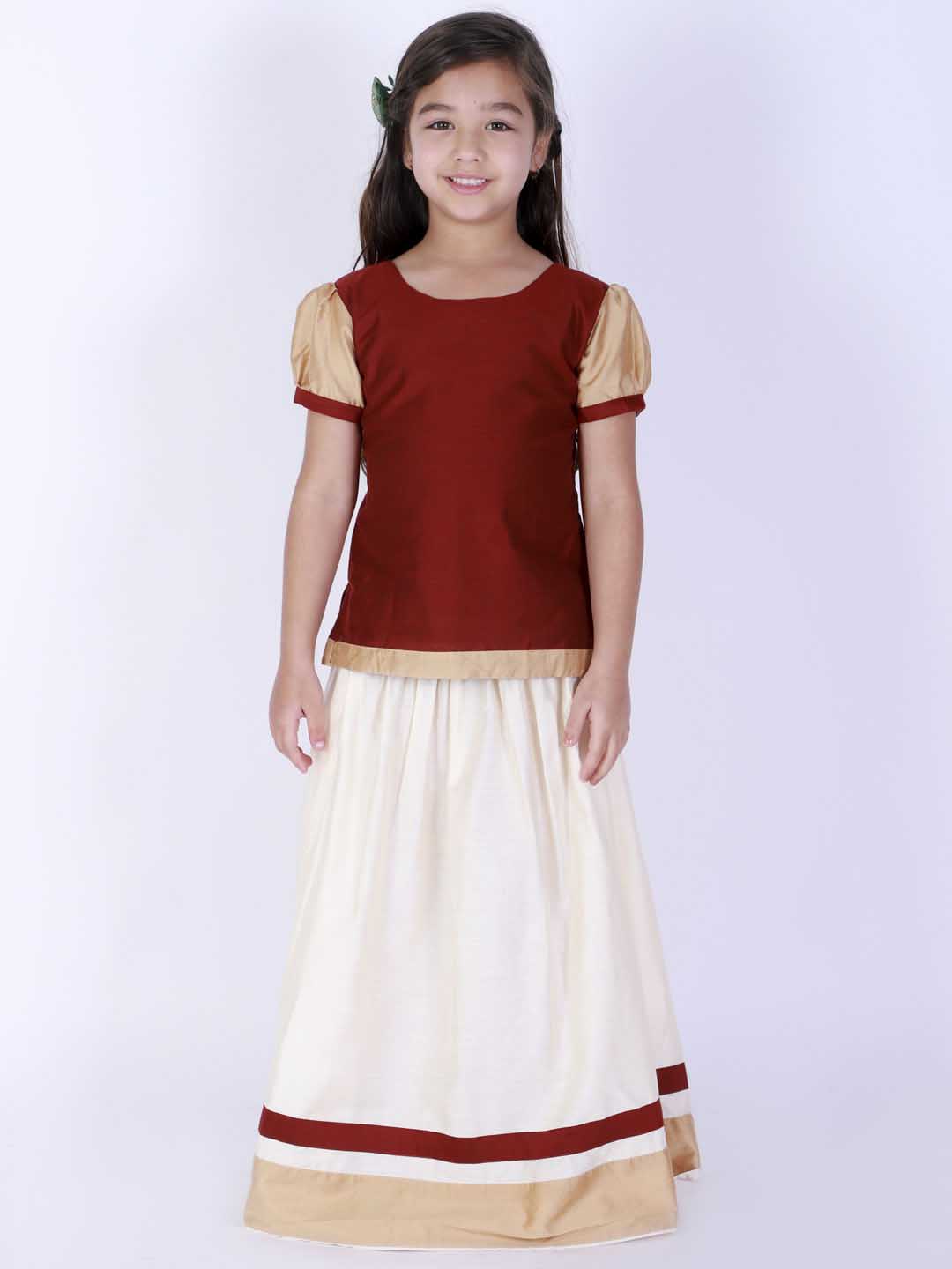 Vastramay Girl's Maroon & White Pavda Pattu Lehenga Choli Set - PUSHMYCART
