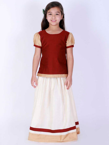 Vastramay Girl's Maroon & White Pavda Pattu Lehenga Choli Set - PUSHMYCART