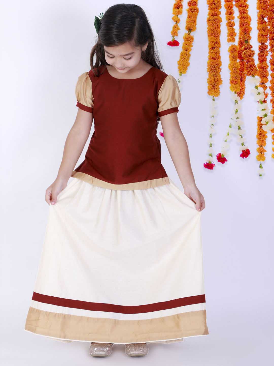 Vastramay Girl's Maroon & White Pavda Pattu Lehenga Choli Set - PUSHMYCART