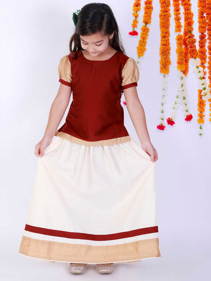 Vastramay Girl's Maroon & White Pavda Pattu Lehenga Choli Set - PUSHMYCART