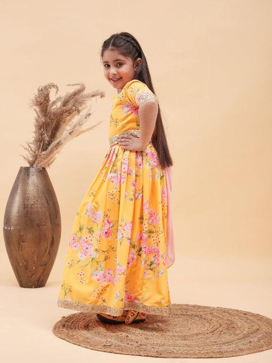 vastramay girls yellow floral print crop top lehenga set with dupatta
