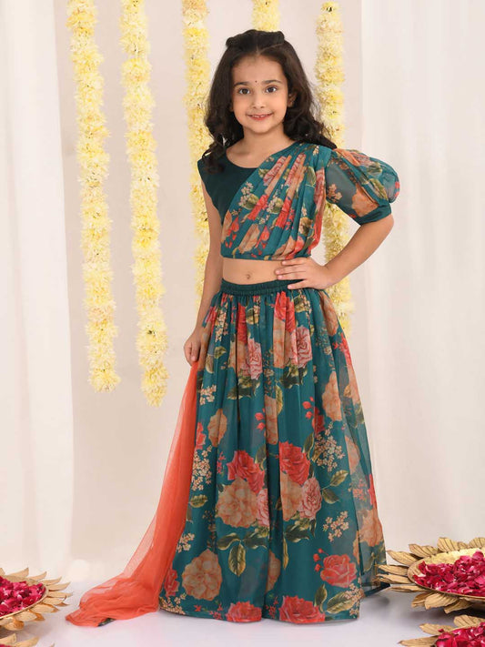 VASTRAMAY Girls' Green Printed Organza Lehenga With Dupatta Set - PUSHMYCART