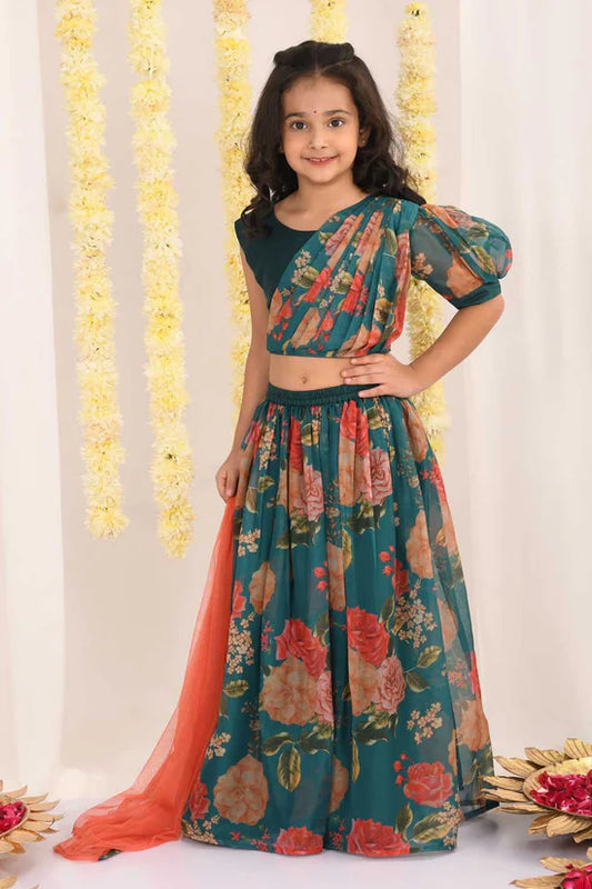VASTRAMAY Girls' Green Printed Organza Lehenga With Dupatta Set - PUSHMYCART