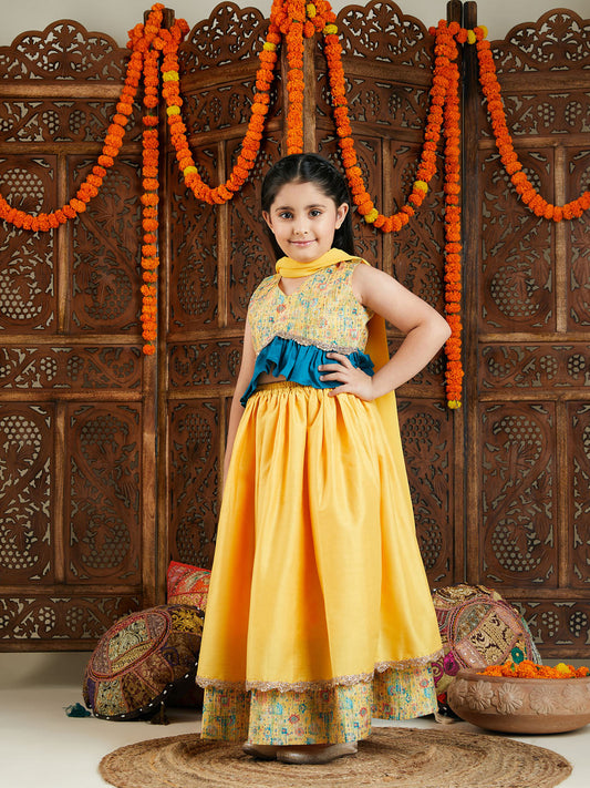 VASTRAMAY Girls' Yellow Silk Blend Embellished Lehenga Set - PUSHMYCART