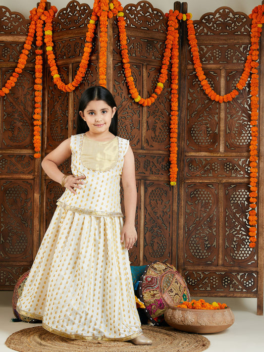 VASTRAMAY Girls' Cream And Gold Jacquard Lehenga - PUSHMYCART