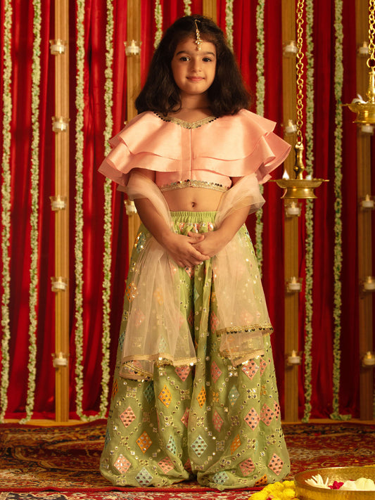 vastramay girls pink and mint green lehenga set
