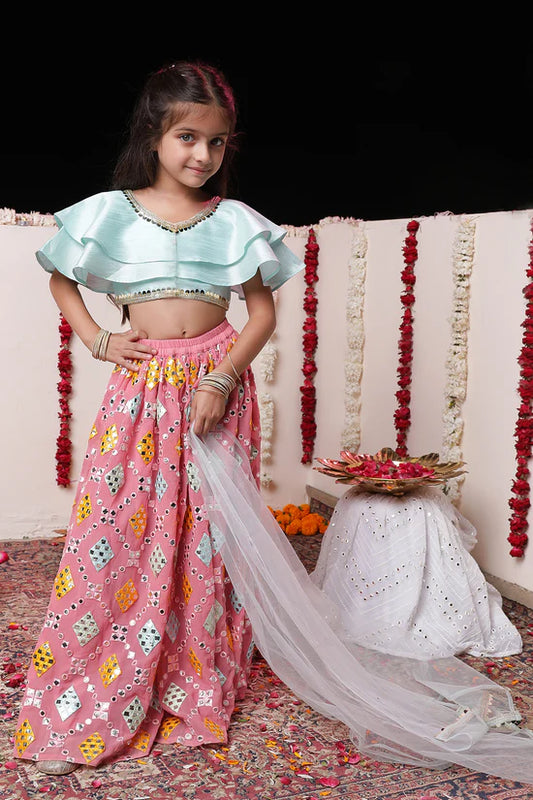 VASTRAMAY Girls' Aqua And Pink Georgette Lehenga Set - PUSHMYCART