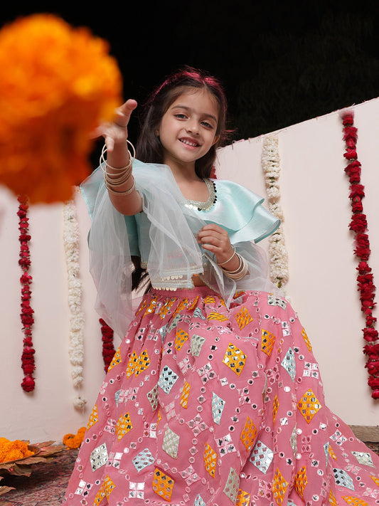 VASTRAMAY Girls' Aqua And Pink Georgette Lehenga Set - PUSHMYCART