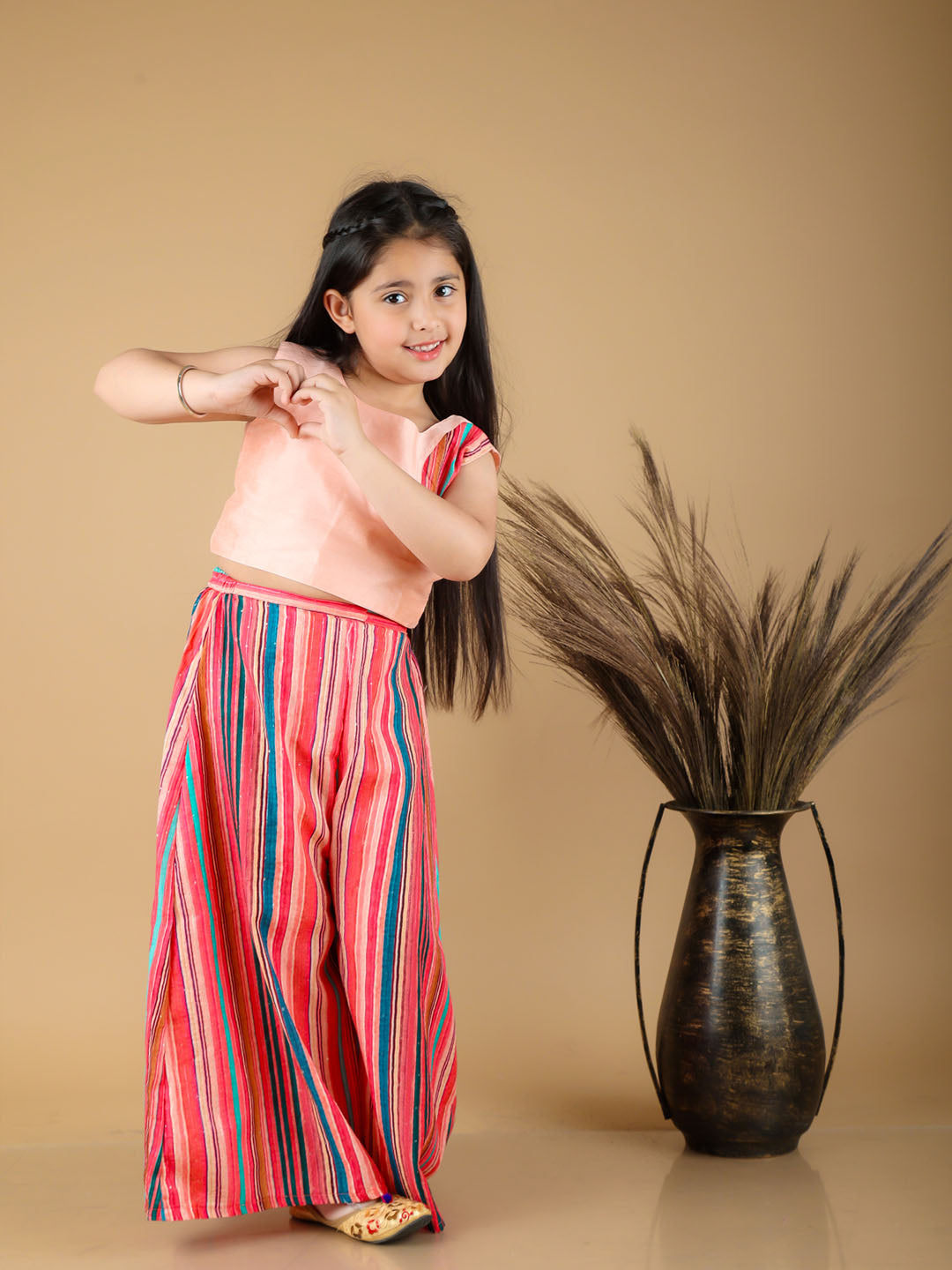 Vastramay Girl's Pink Striped Palazzo With Pink Crop Top - PUSHMYCART