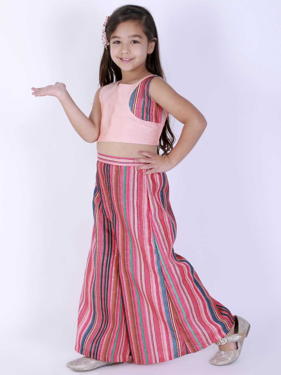 Vastramay Girl's Pink Striped Palazzo With Pink Crop Top - PUSHMYCART