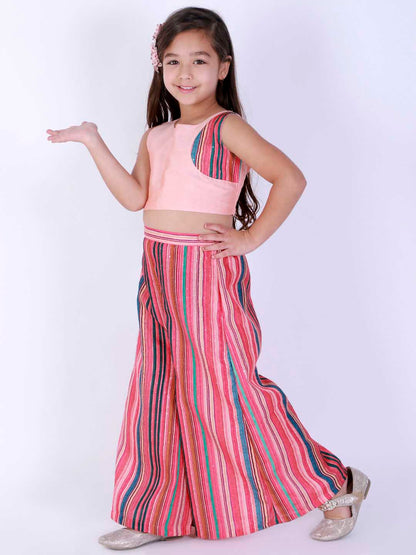 Vastramay Girl's Pink Striped Palazzo With Pink Crop Top - PUSHMYCART