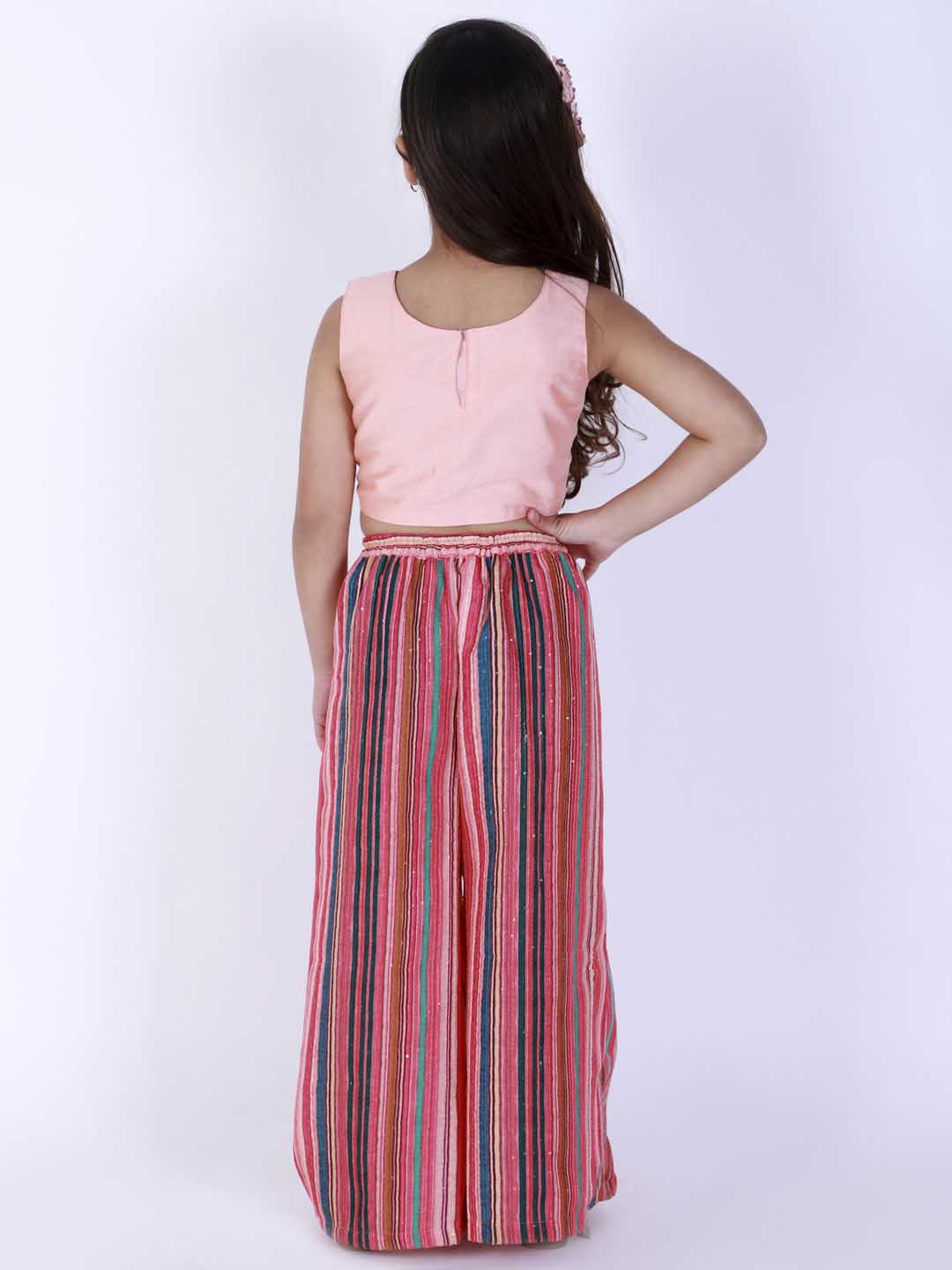 Vastramay Girl's Pink Striped Palazzo With Pink Crop Top - PUSHMYCART