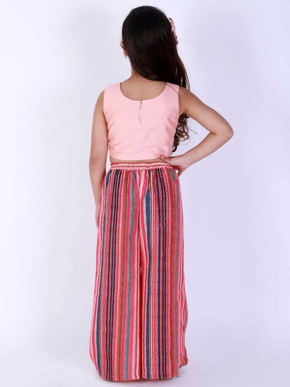 Vastramay Girl's Pink Striped Palazzo With Pink Crop Top - PUSHMYCART