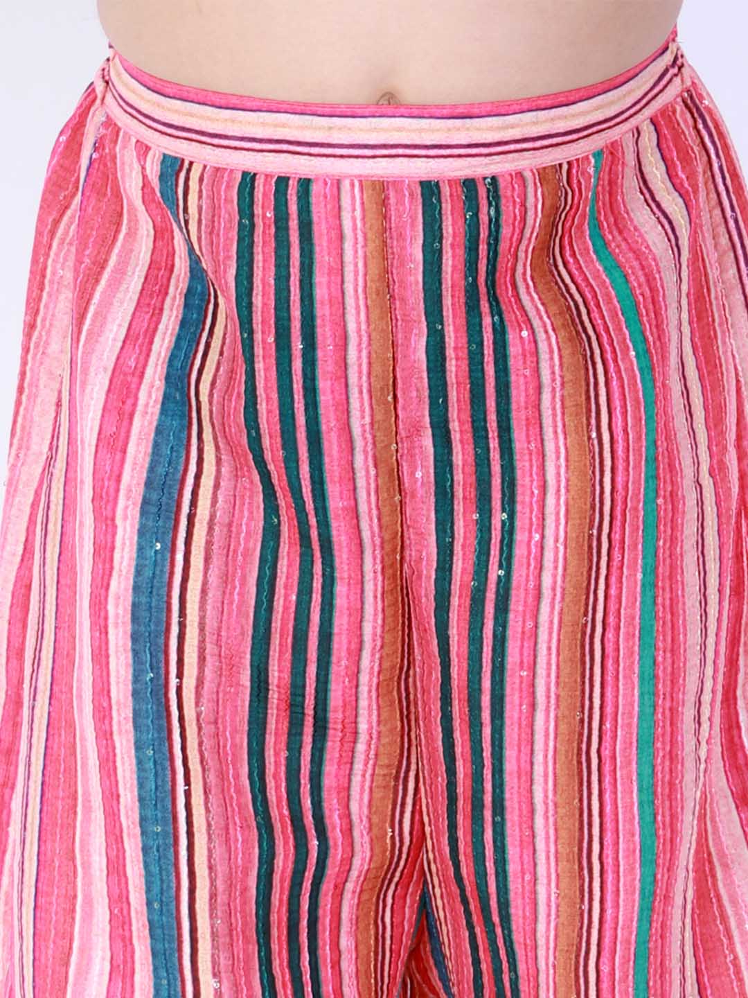 Vastramay Girl's Pink Striped Palazzo With Pink Crop Top - PUSHMYCART