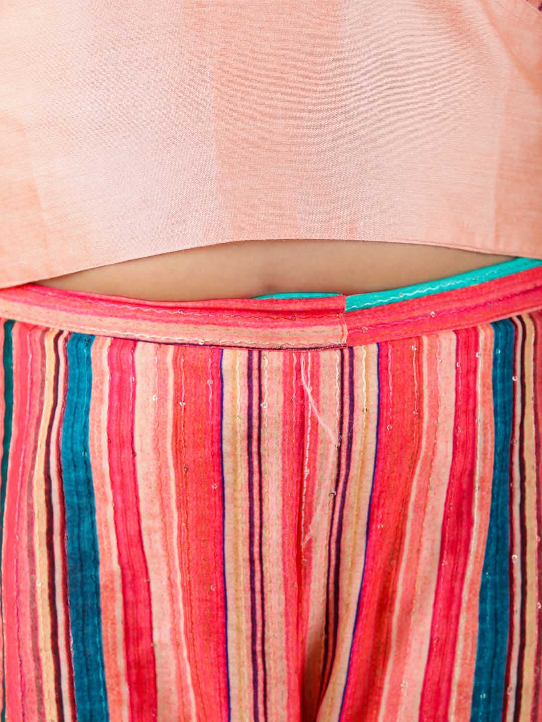 Vastramay Girl's Pink Striped Palazzo With Pink Crop Top - PUSHMYCART