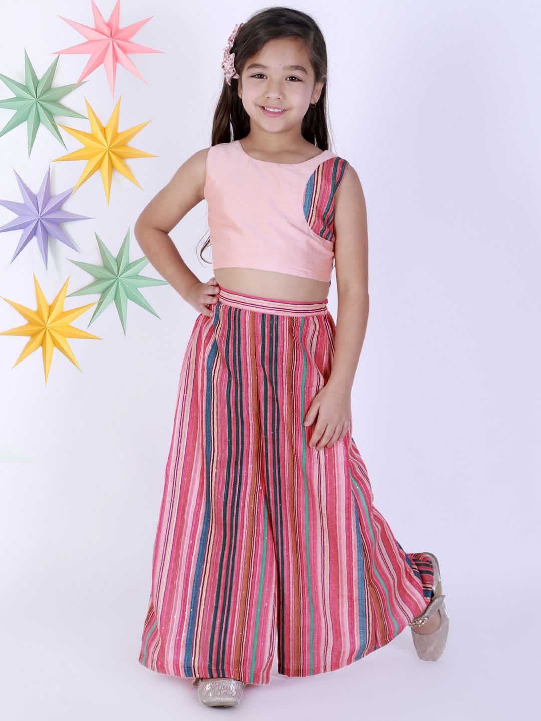 Vastramay Girl's Pink Striped Palazzo With Pink Crop Top - PUSHMYCART