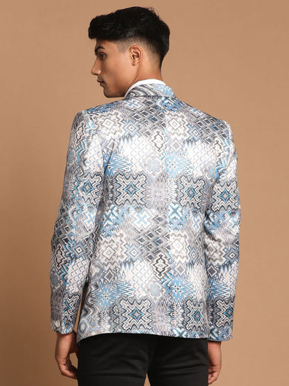 Vastramay Men's Gray Multi-Color Printed  Silk Blend Blazer - PUSHMYCART