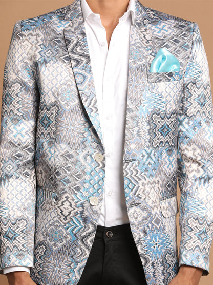 Vastramay Men's Gray Multi-Color Printed  Silk Blend Blazer - PUSHMYCART