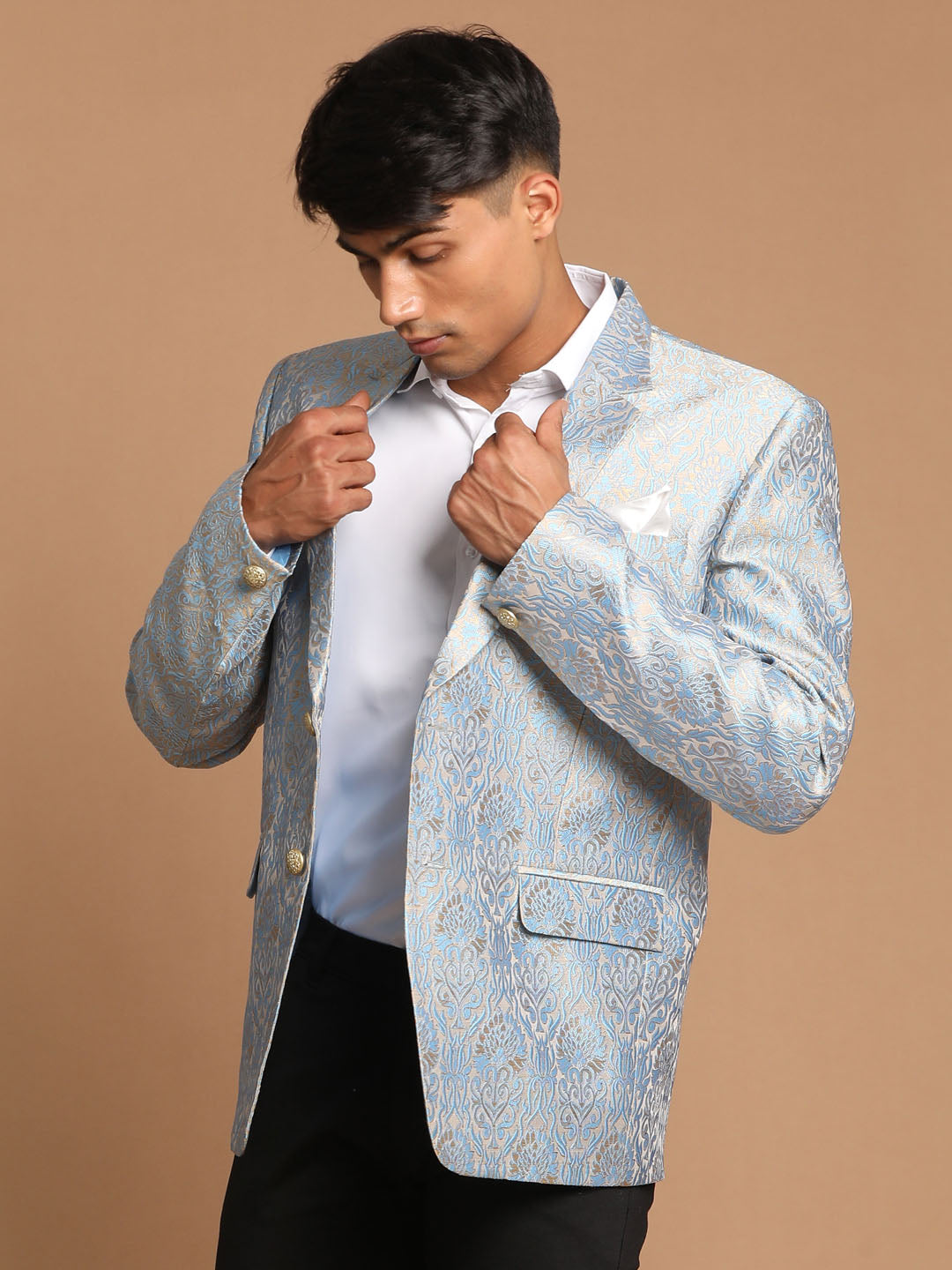 Vastramay Men's Gray Woven Blazer - PUSHMYCART