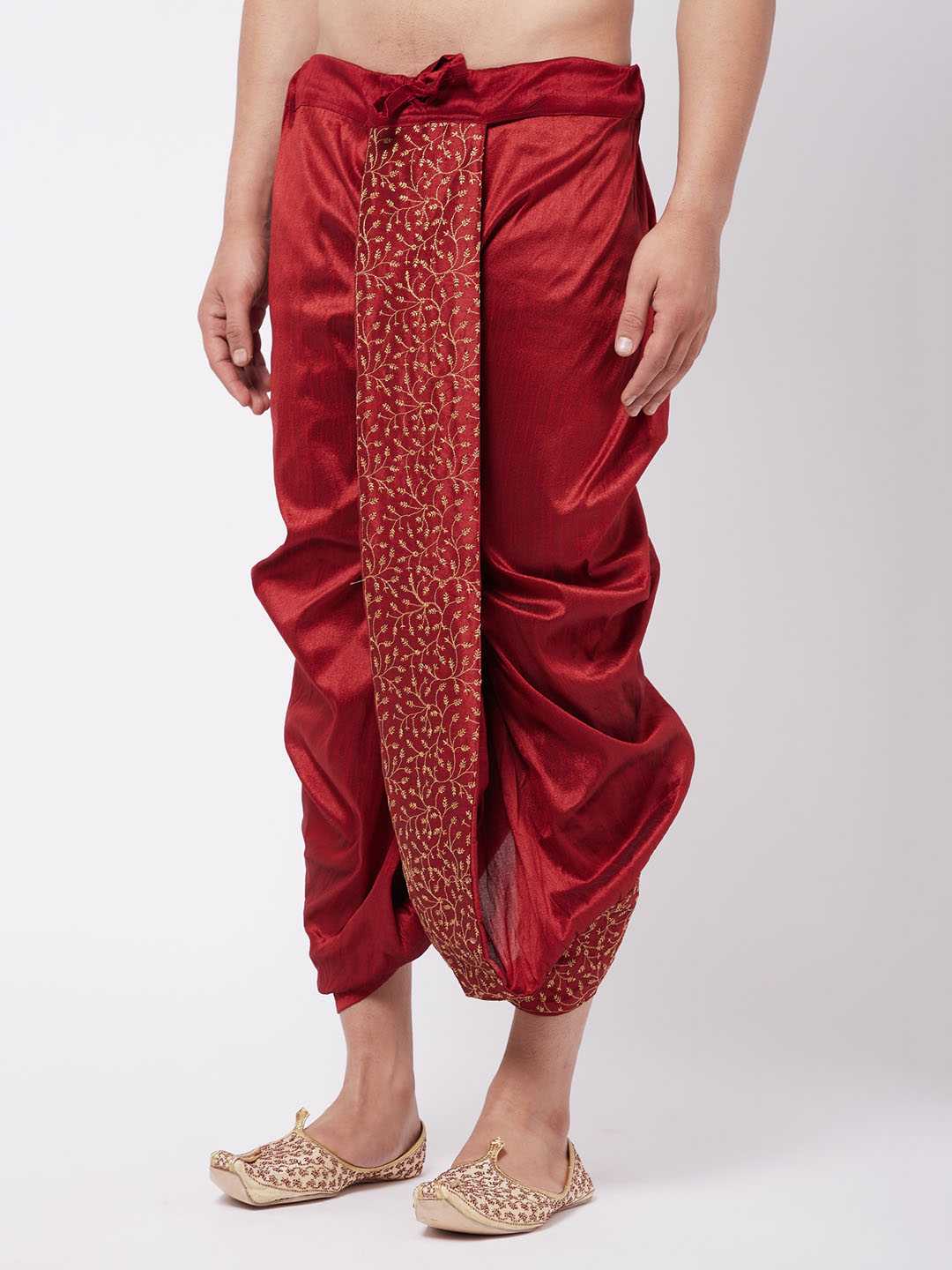 Vastramay Men's Maroon Silk Blend Embroidered Dhoti - PUSHMYCART