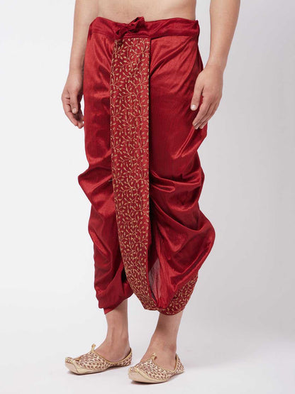 Vastramay Men's Maroon Silk Blend Embroidered Dhoti - PUSHMYCART