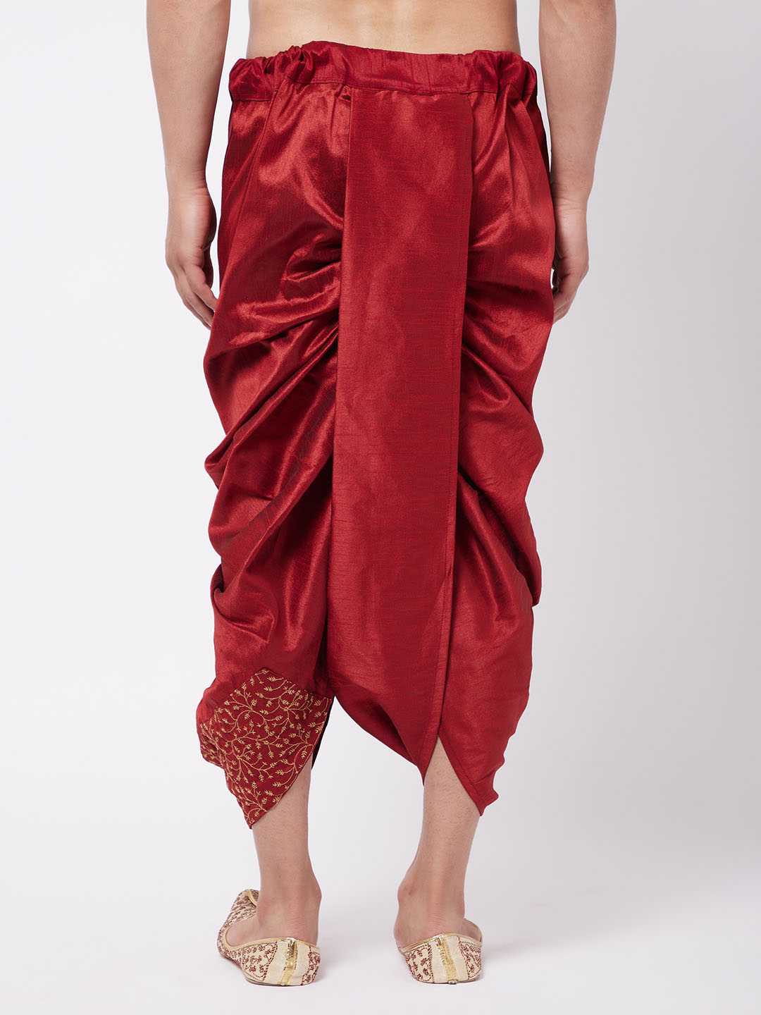 Vastramay Men's Maroon Silk Blend Embroidered Dhoti - PUSHMYCART