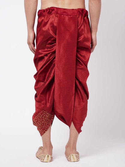 Vastramay Men's Maroon Silk Blend Embroidered Dhoti - PUSHMYCART