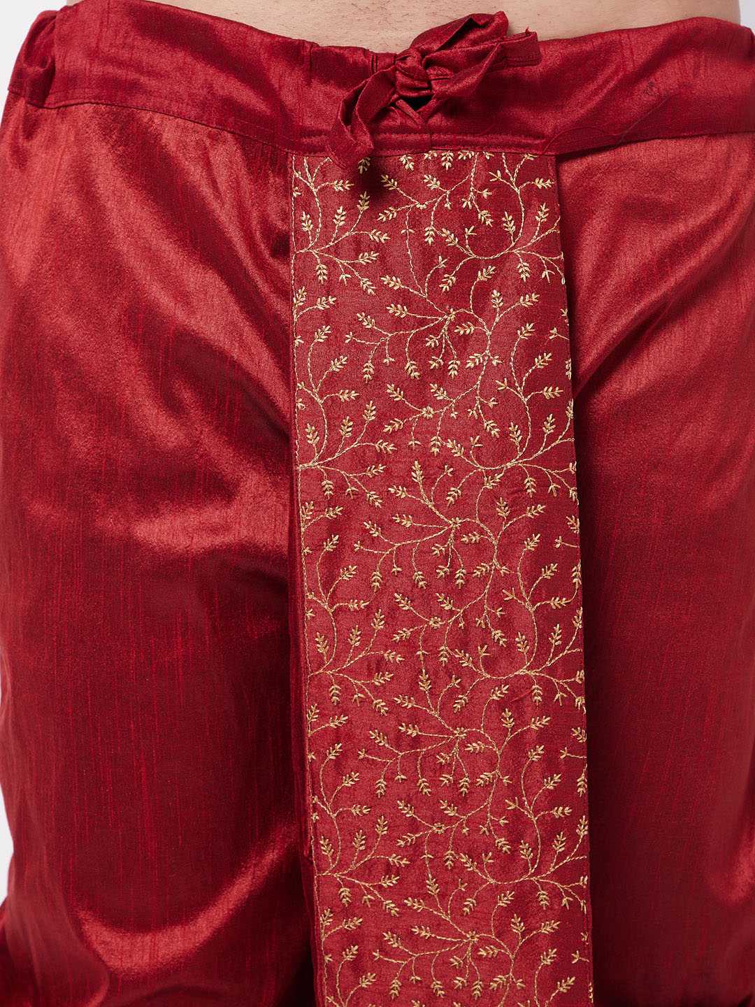 Vastramay Men's Maroon Silk Blend Embroidered Dhoti - PUSHMYCART