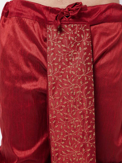 Vastramay Men's Maroon Silk Blend Embroidered Dhoti - PUSHMYCART