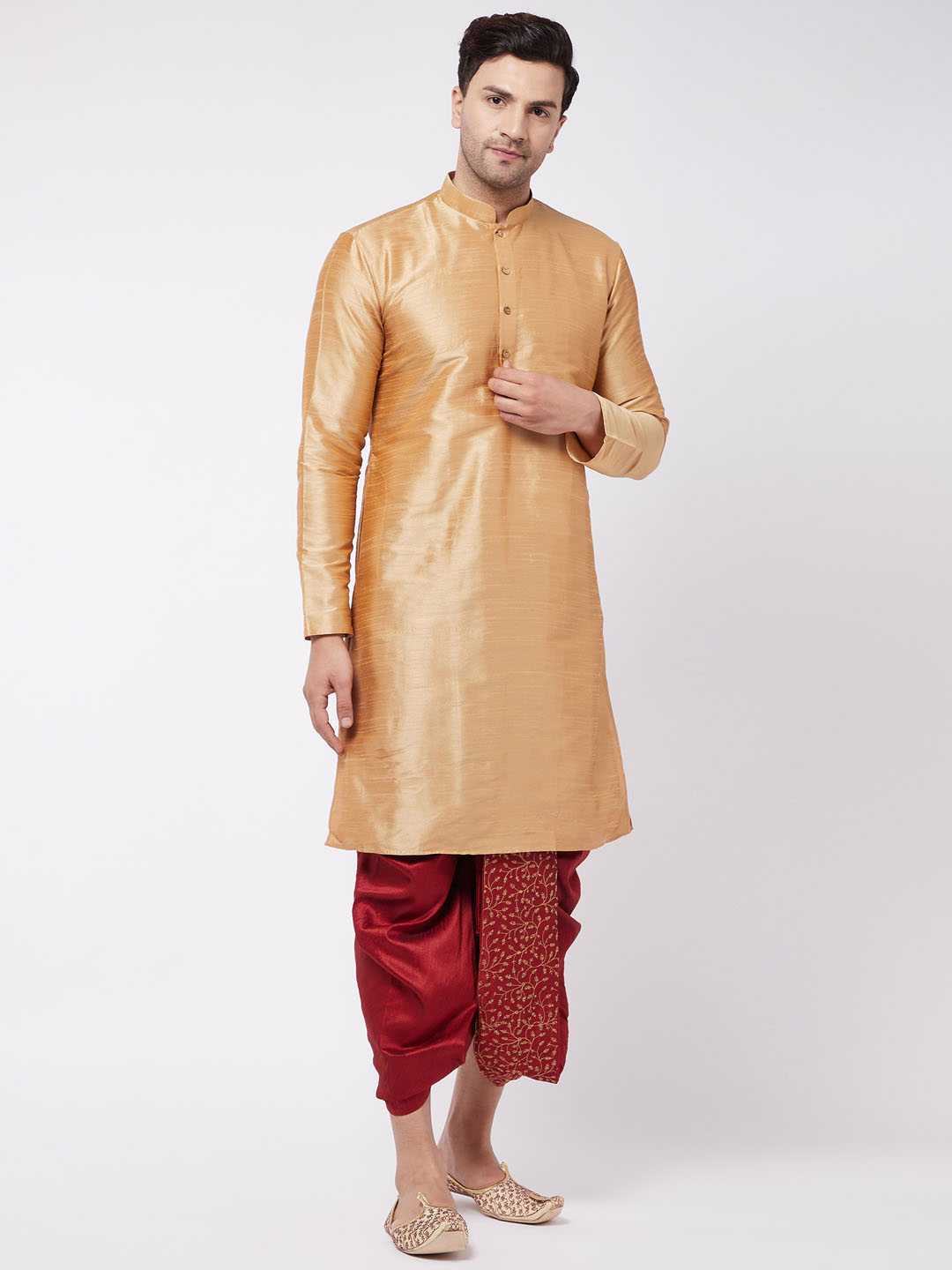 Vastramay Men's Maroon Silk Blend Embroidered Dhoti - PUSHMYCART