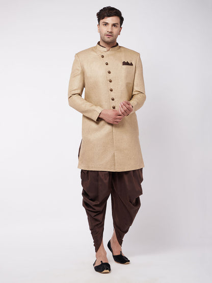 Vastramay Men's Beige And Coffee Brown Jute Cotton Indo Western Set - PUSHMYCART