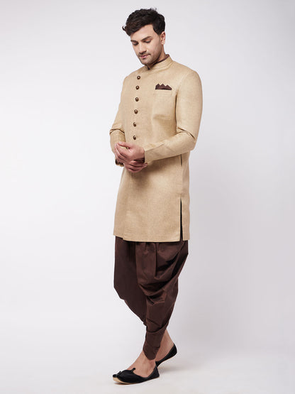 Vastramay Men's Beige And Coffee Brown Jute Cotton Indo Western Set - PUSHMYCART