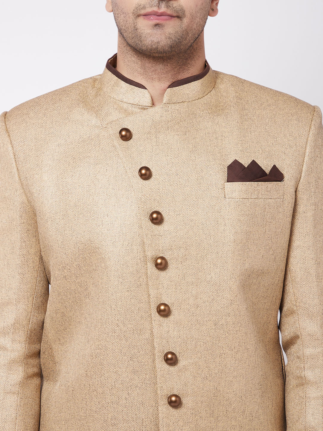 Vastramay Men's Beige And Coffee Brown Jute Cotton Indo Western Set - PUSHMYCART