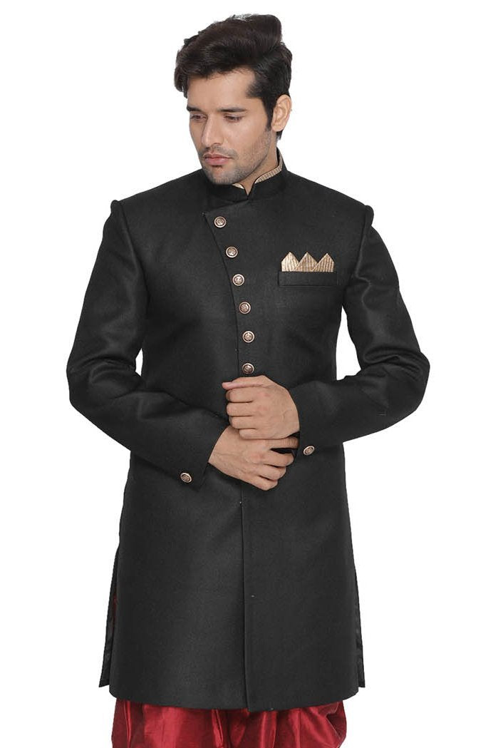 VASTRAMAY Men's Black Silk Blend Sherwani Only Top - PUSHMYCART