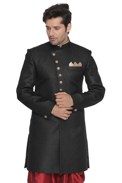VASTRAMAY Men's Black Silk Blend Sherwani Only Top - PUSHMYCART