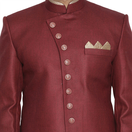 VASTRAMAY Men's Maroon Jute Cotton Blend Sherwani Set - PUSHMYCART