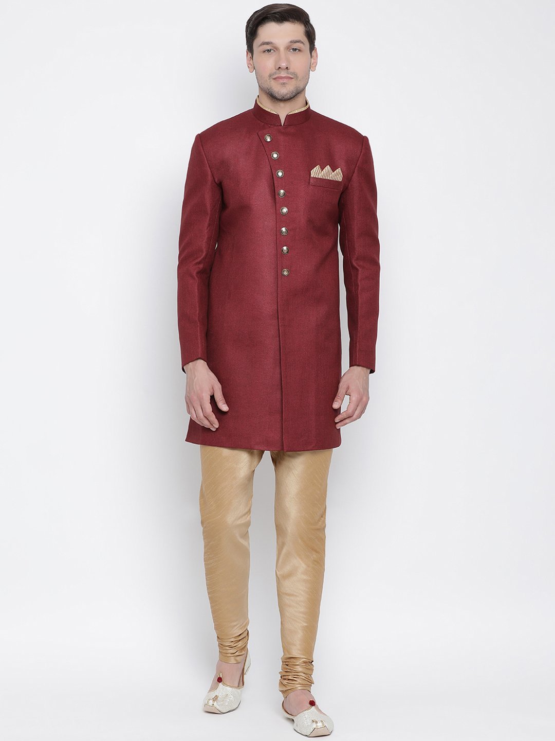 VM By VASTRAMAY Men's Maroon Silk Blend Sherwani Set